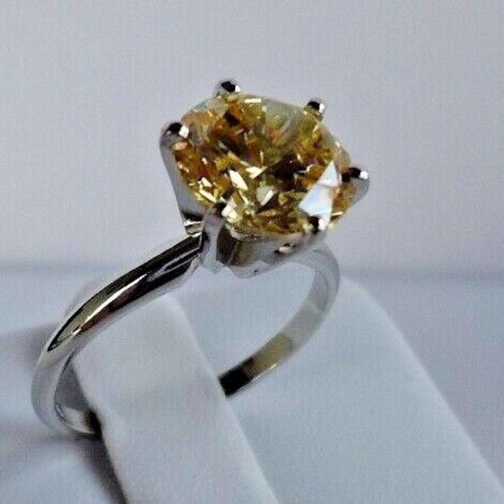14K WHITE GOLD SOLITAIRE WEDDING RING W/ 3 CTS YELLOW ROUND LAB CREATED DIAMOND